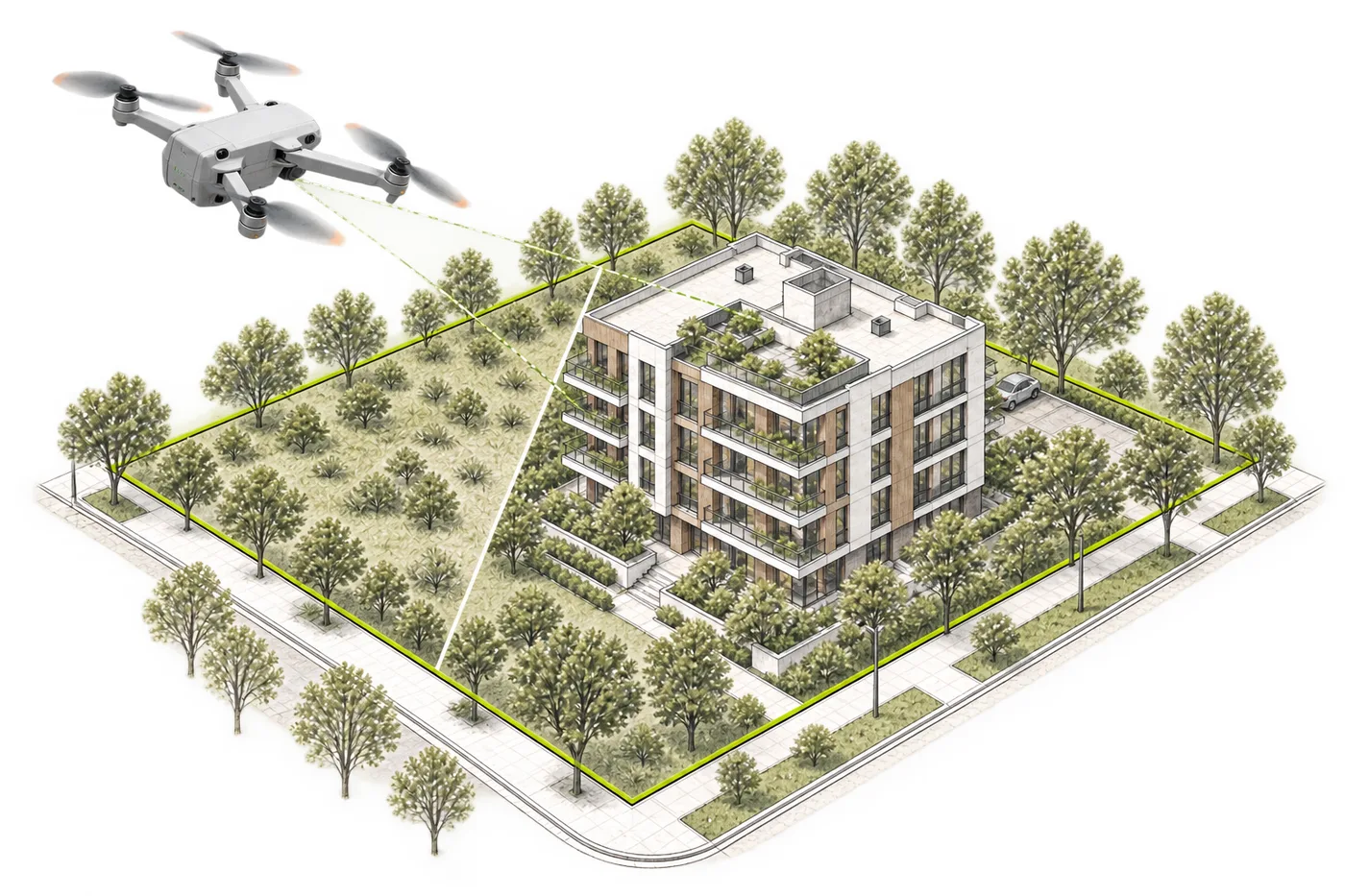 Sketch: a drone filming a marked plot with a future residential building placed on it