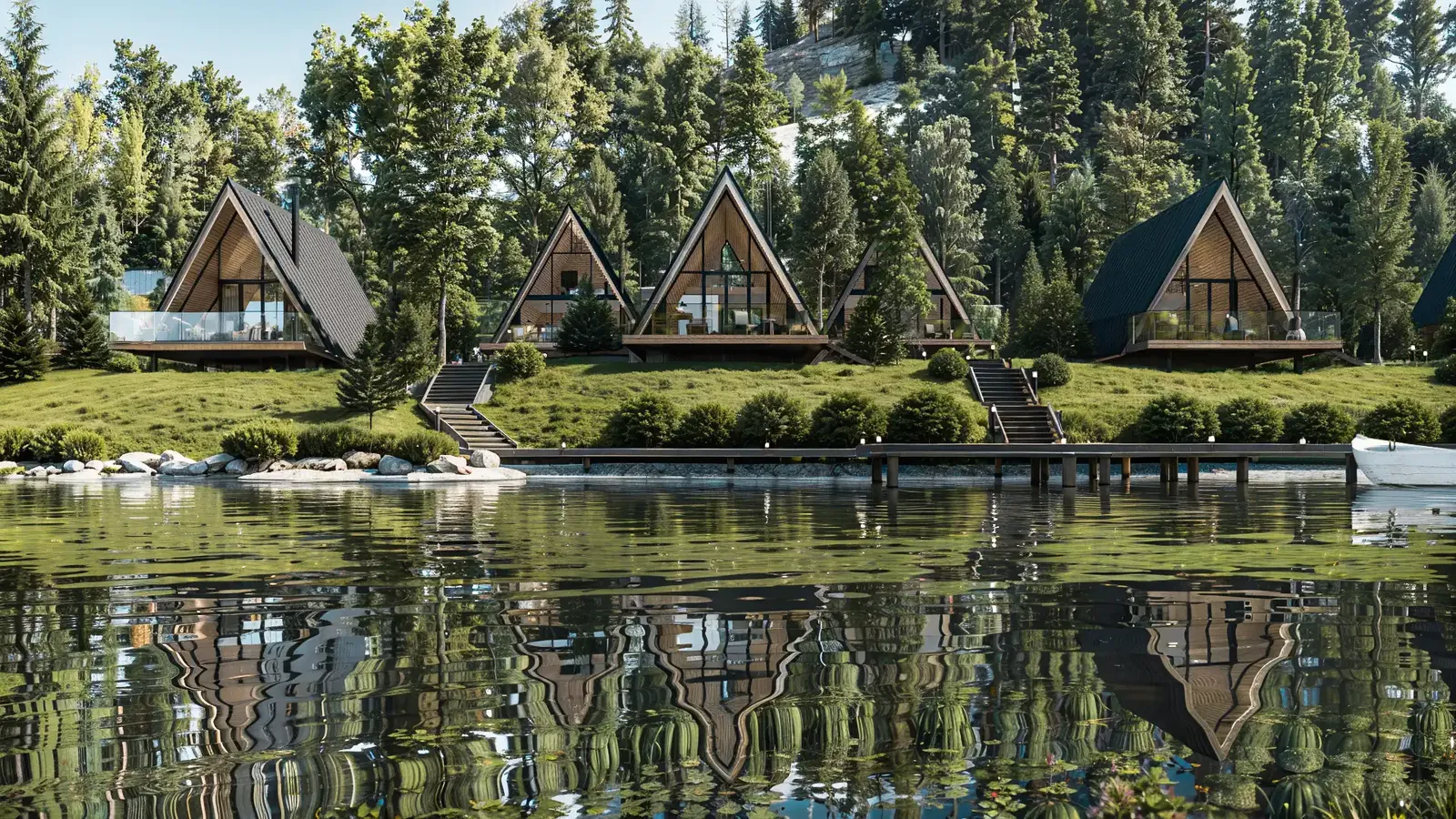 A-frame holiday houses by a lake