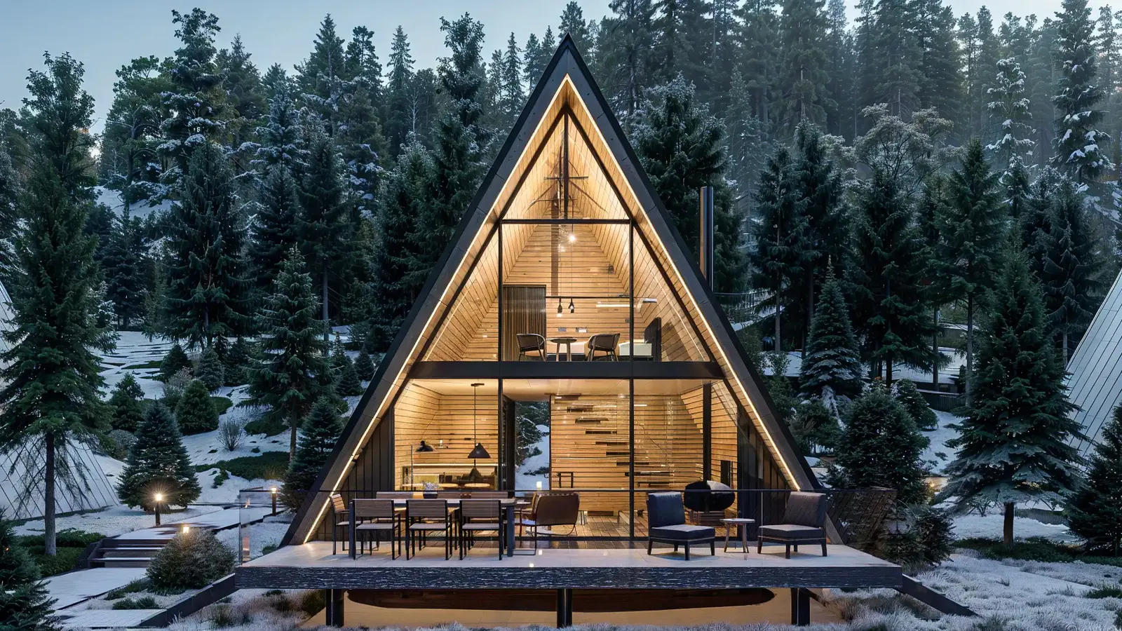 An A-frame house in winter