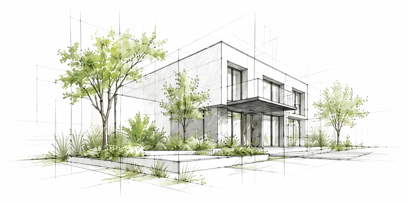 Architectural sketch of a contemporary house among trees