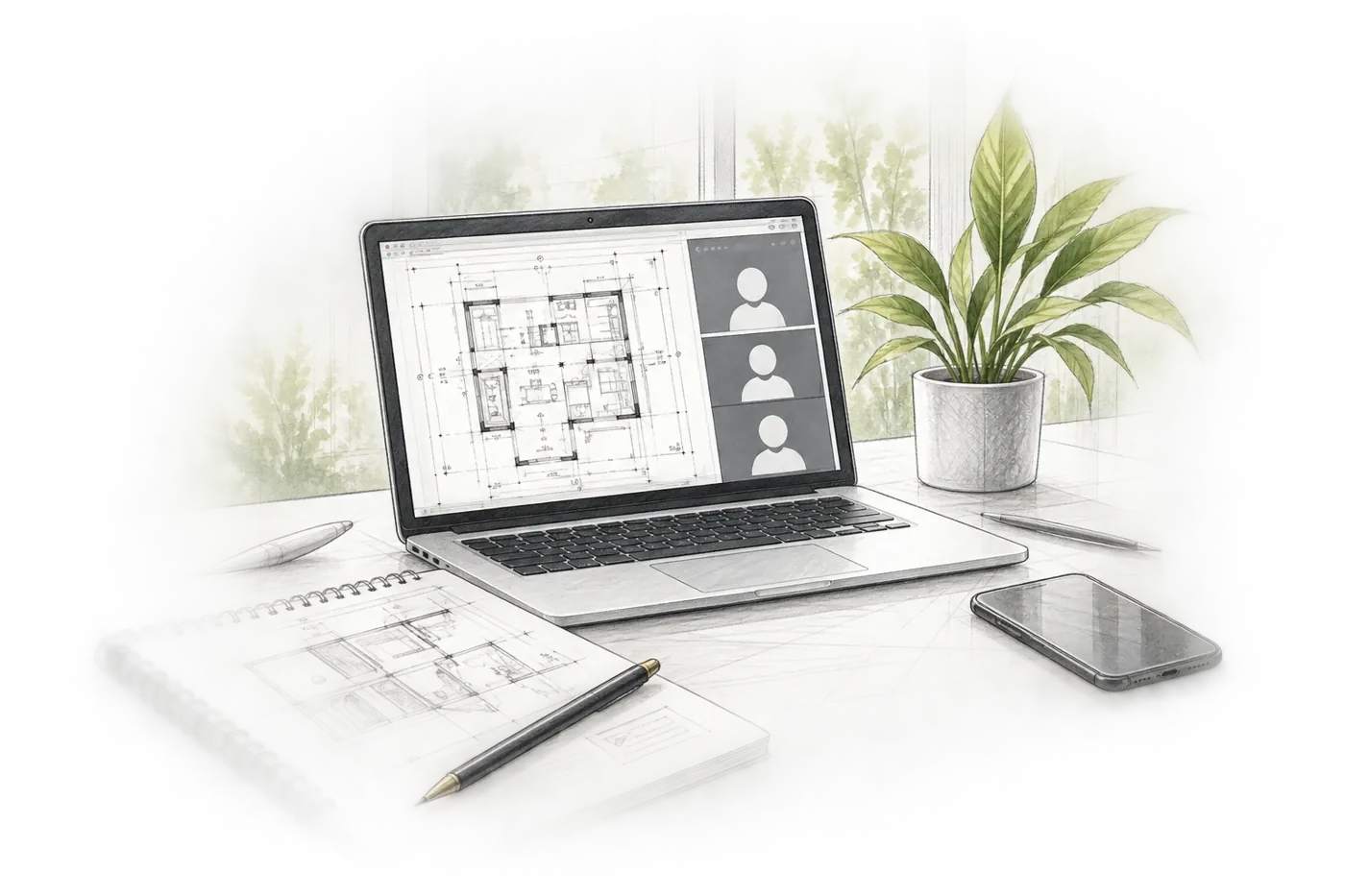 Sketch of a laptop showing a drawing and an online meeting