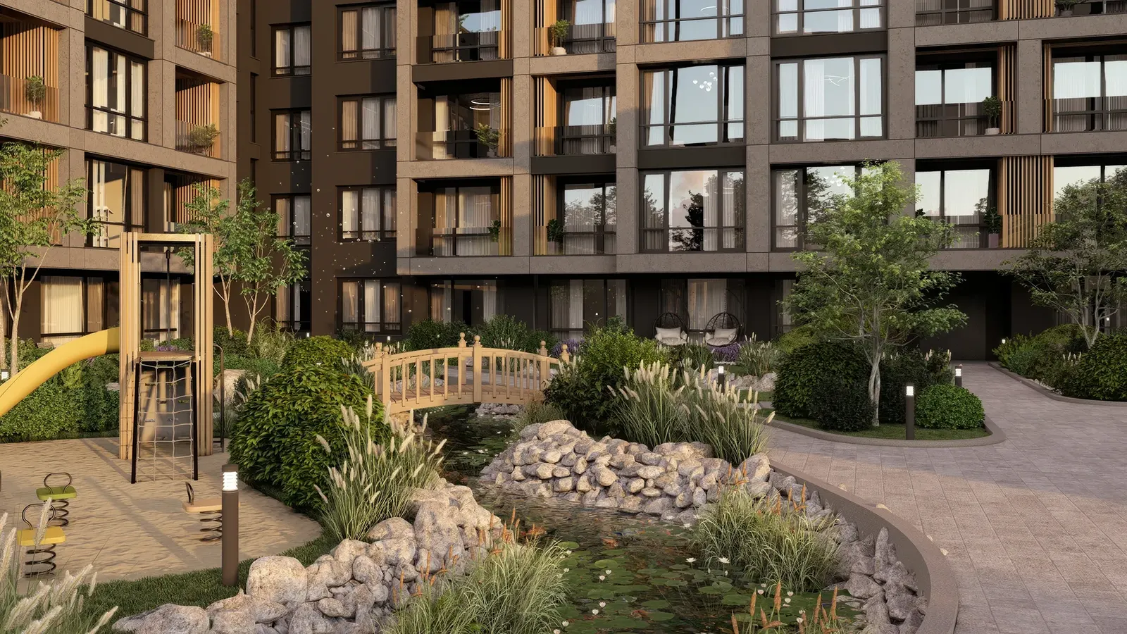 Residential complex with a playground and green courtyard
