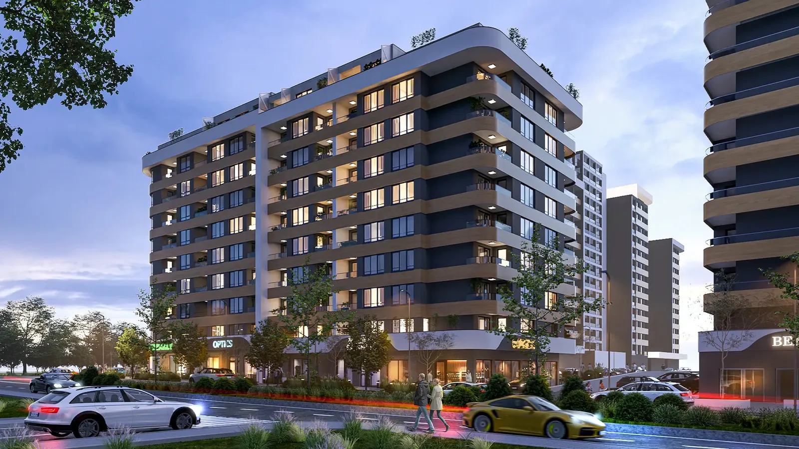 Residential building with a dark facade at sunset