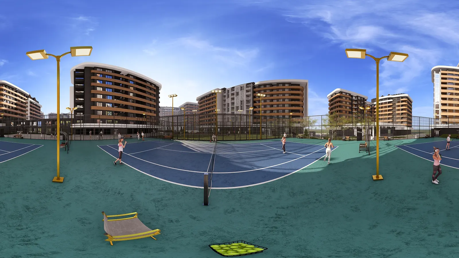 Sports courts between residential buildings in a 360° panorama