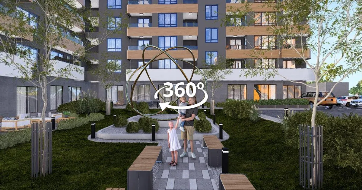 Courtyard of the Azimuth residential complex with a playground and benches