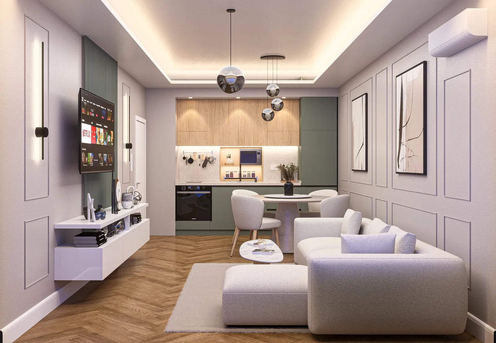 Apartment interior in Stara Zagora – living room with kitchen and dining area