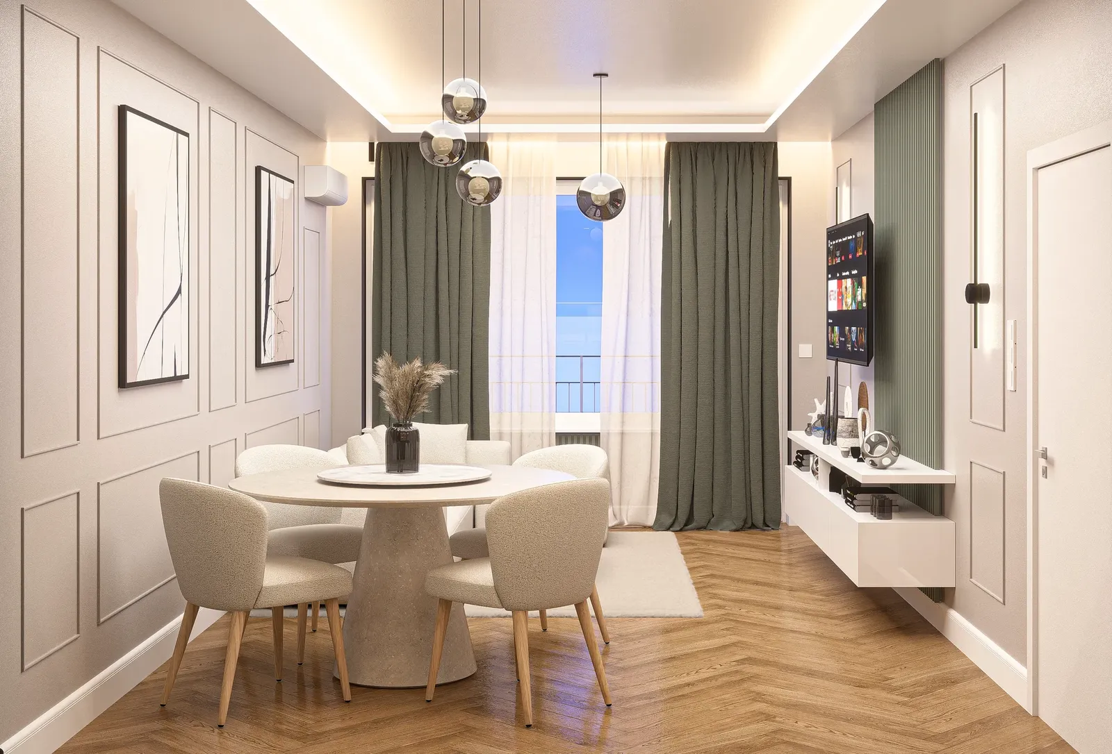 Dining area with a round table and olive green curtains