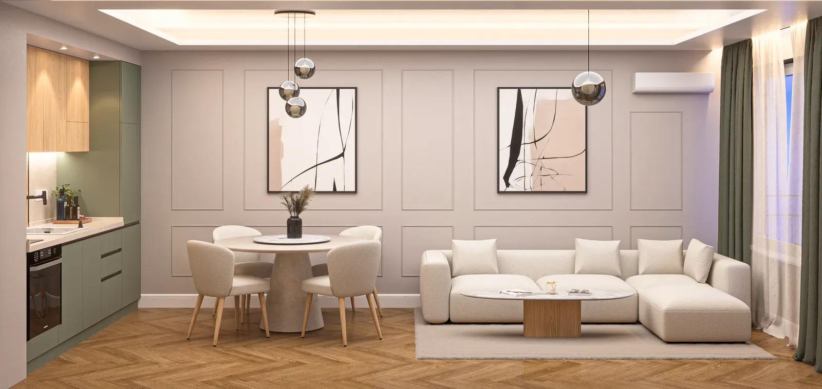 Living room panorama – corner sofa, dining area and kitchen