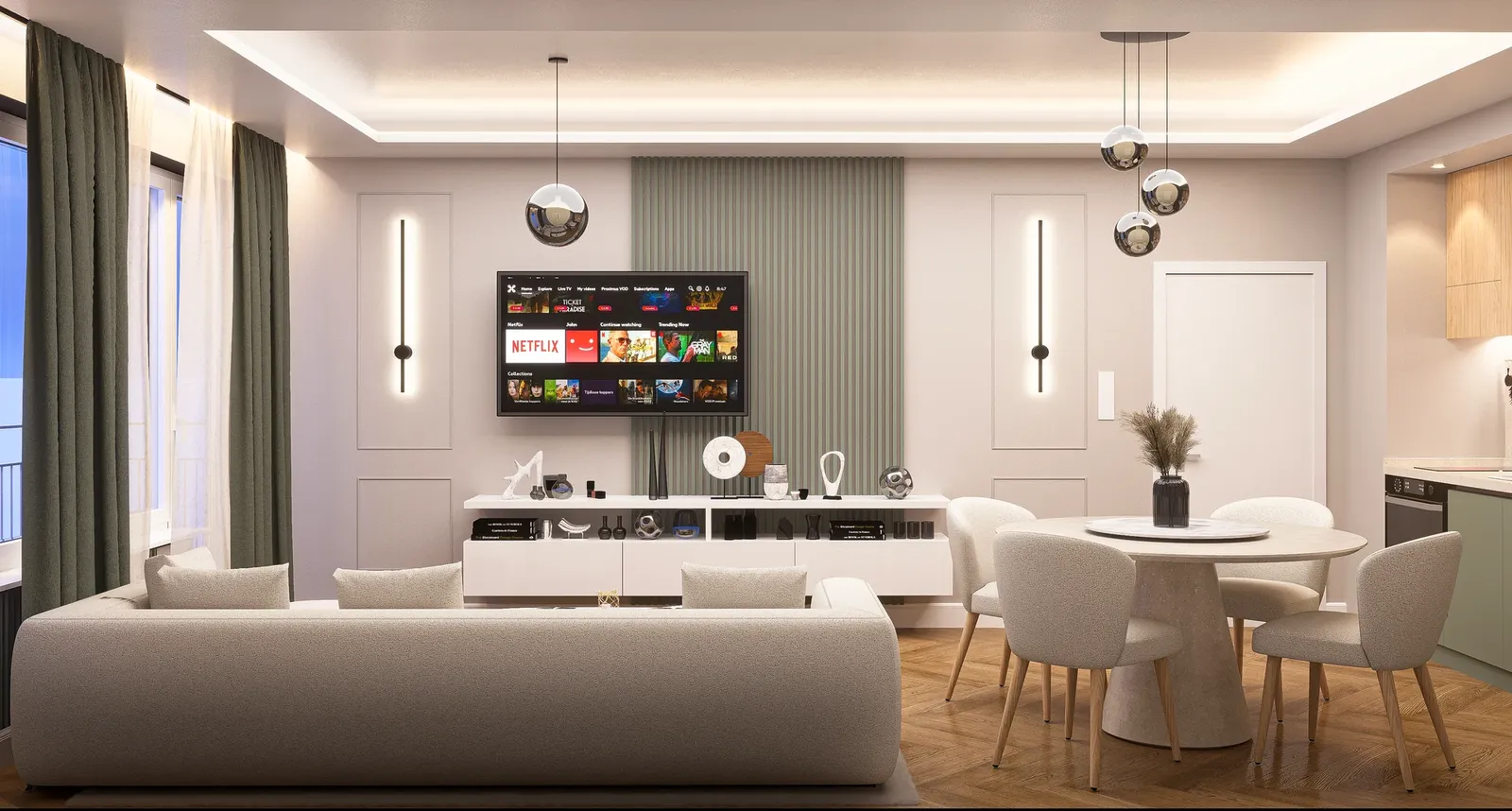 TV wall with green slats and vertical wall lights