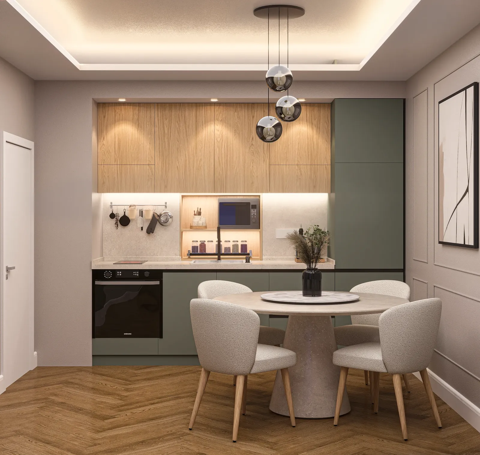 Kitchen with timber and olive green fronts
