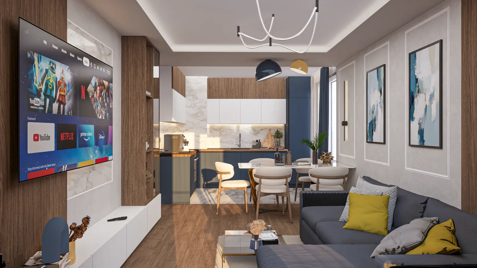 Living, dining and kitchen in one open space