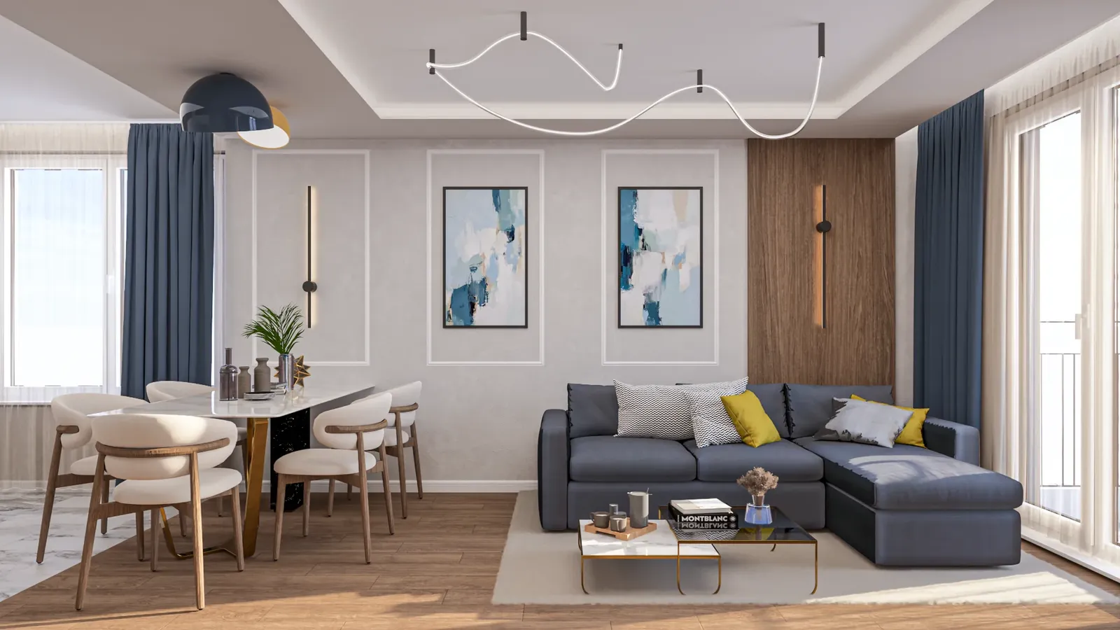Corner sofa, dining table and a picture wall