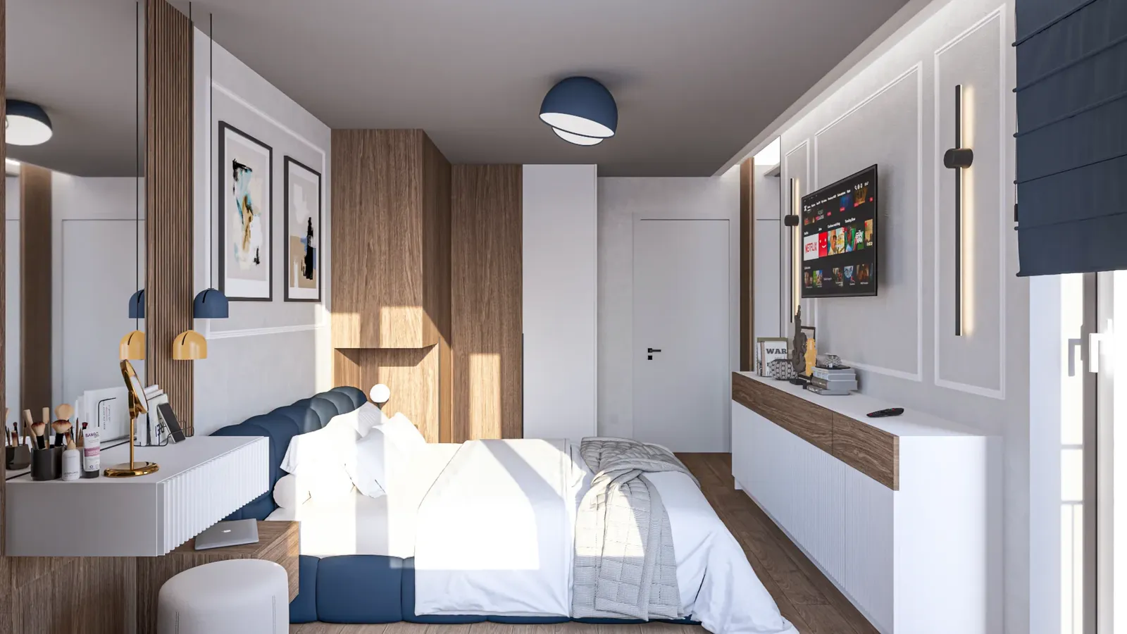 The bedroom and built-in wardrobe