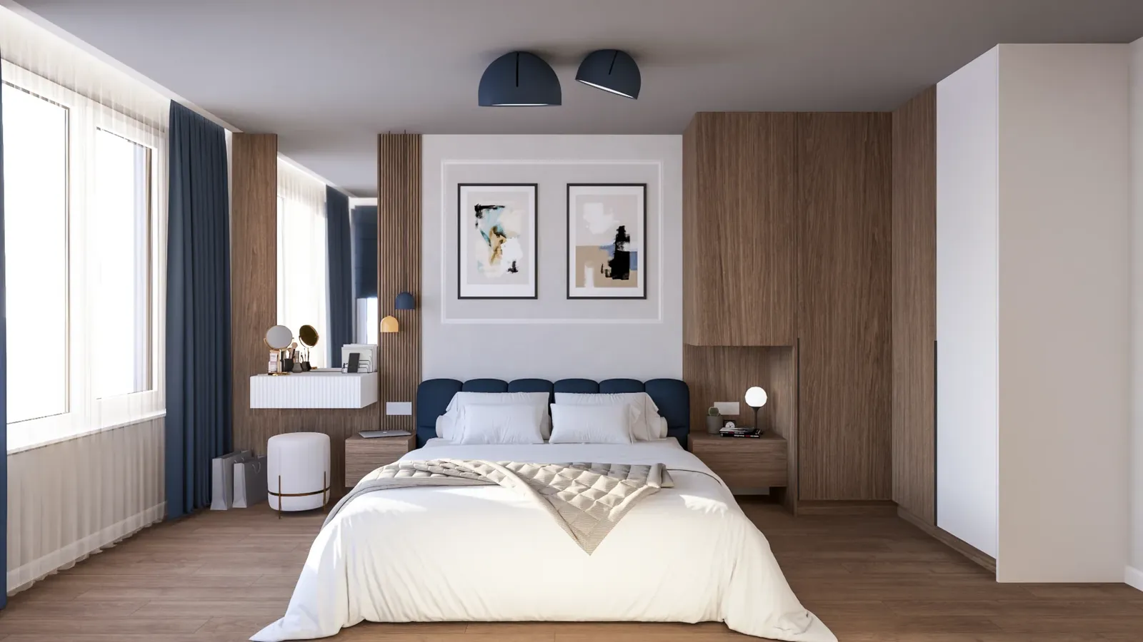 Bedroom in white, navy and timber
