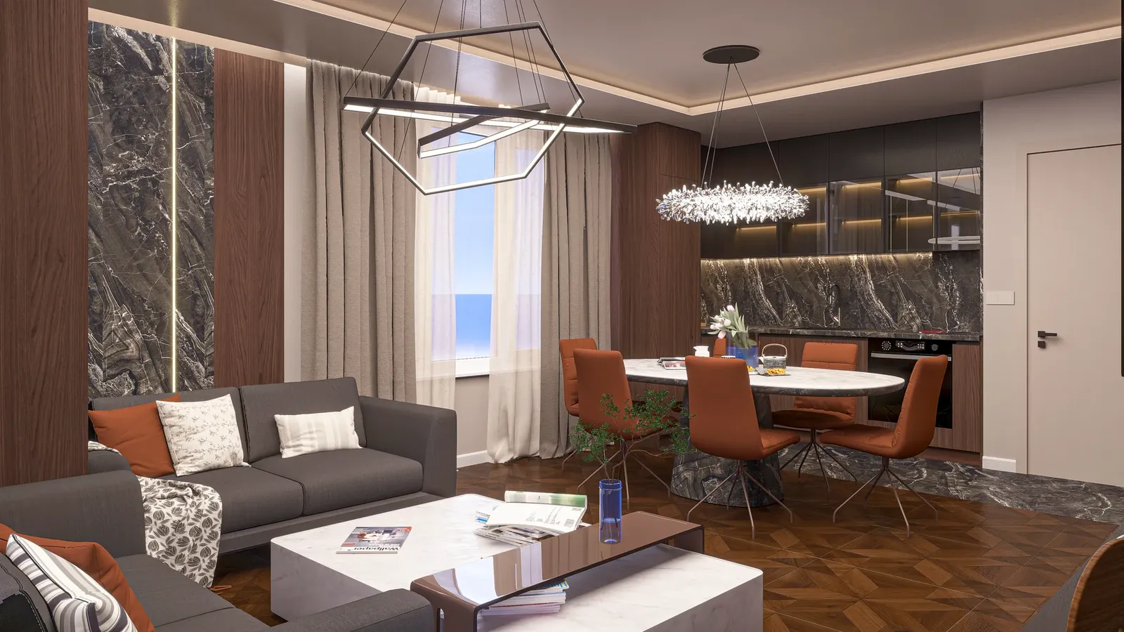 Living room with marble accents and lit display shelving