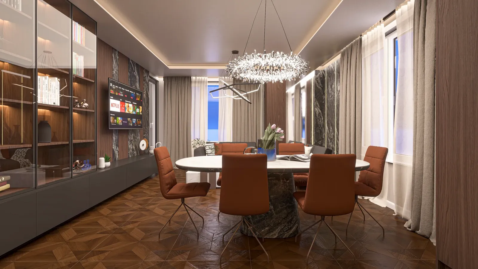 Dining area with a crystal chandelier
