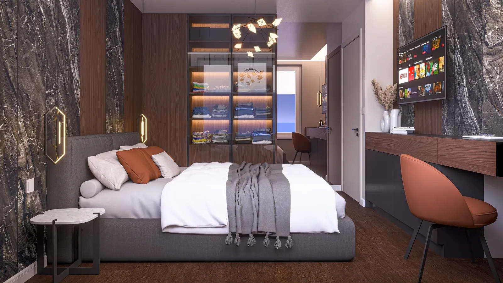 Bedroom with marble and timber