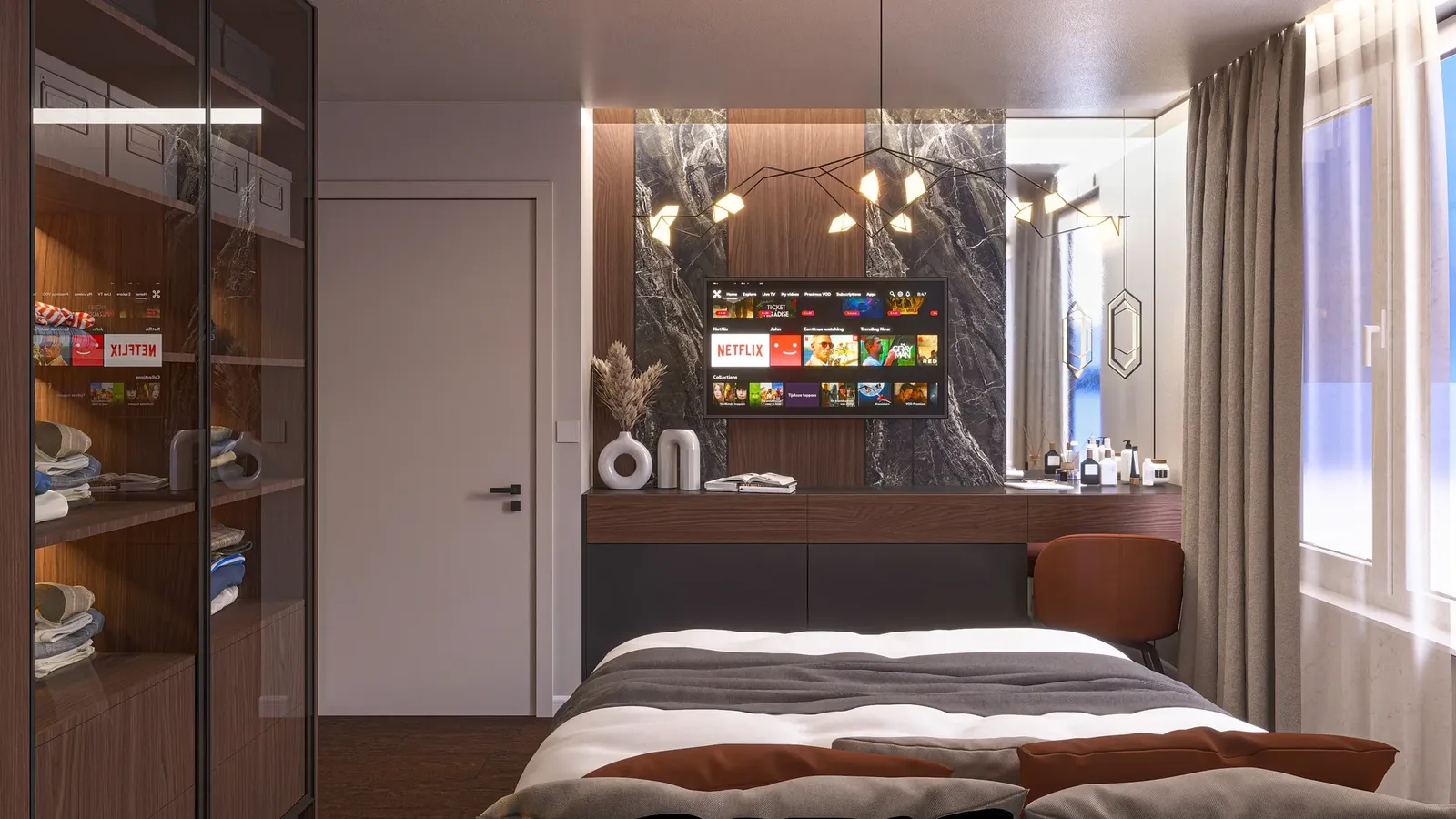 The bedroom and built-in cupboards