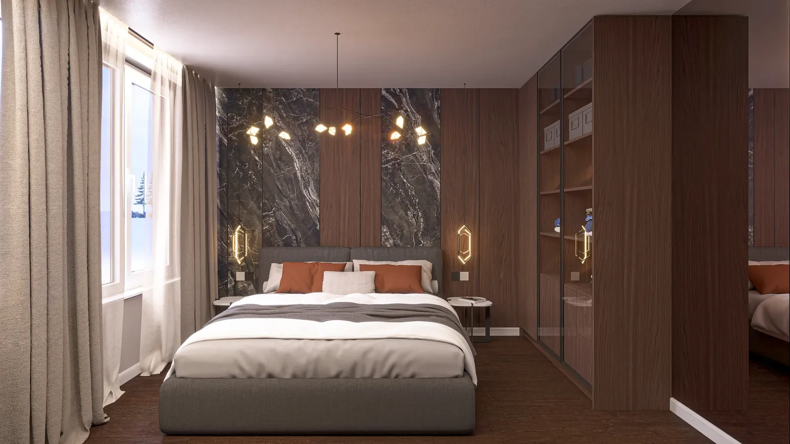 The bed and bedroom lighting