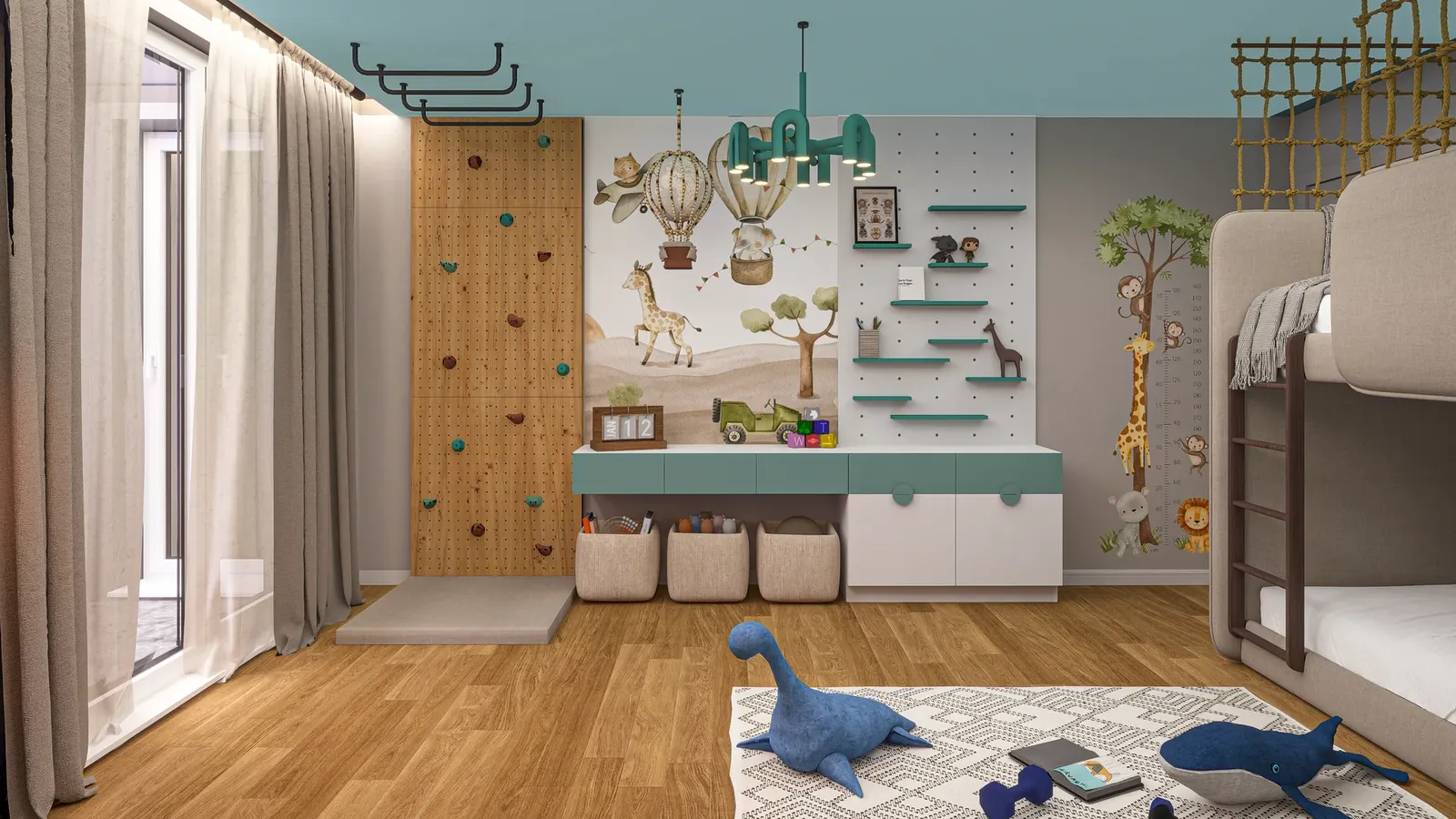 Children's room with a climbing wall and bunk bed