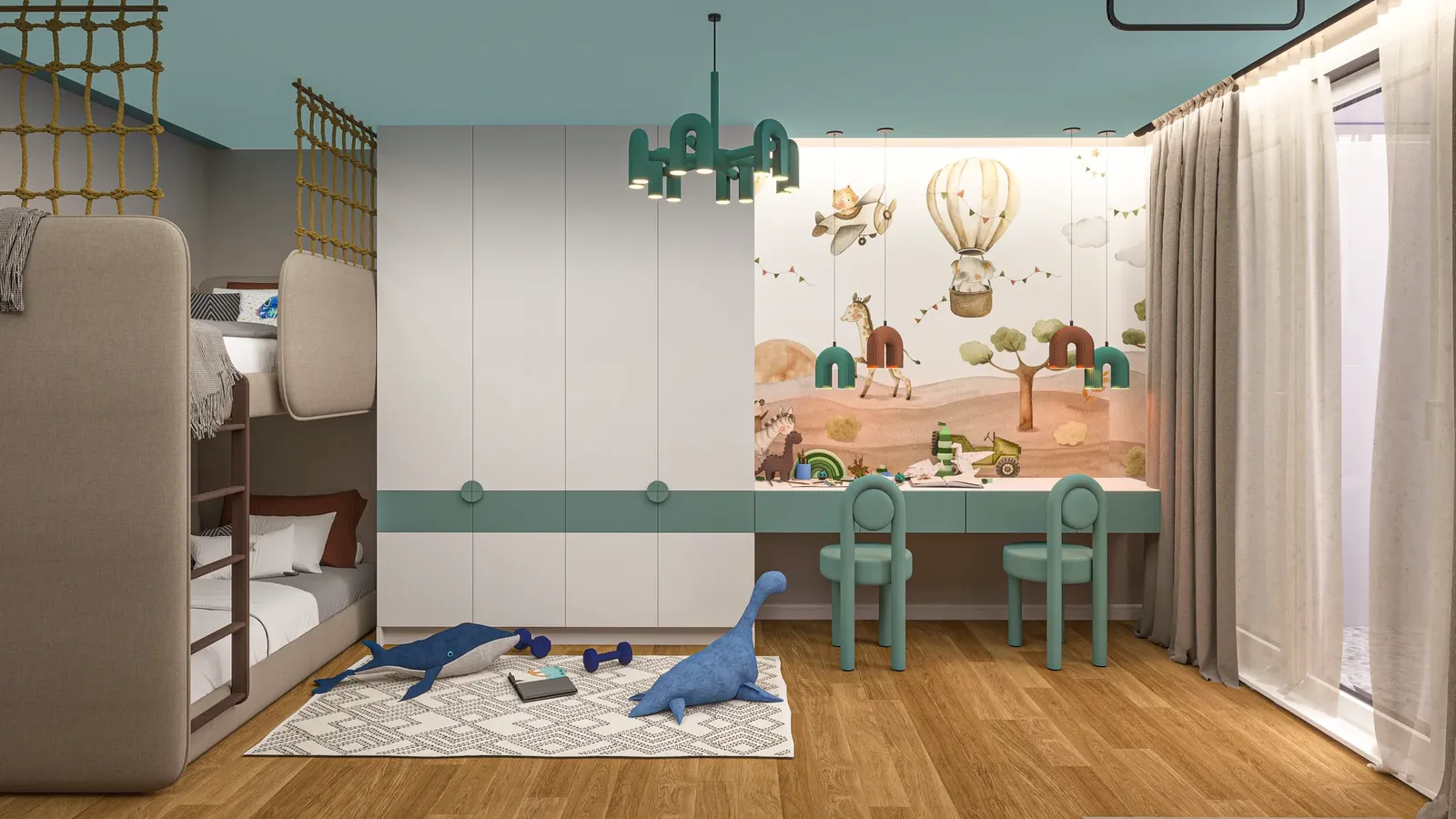 Desk and hot-air-balloon wallpaper in the children's room