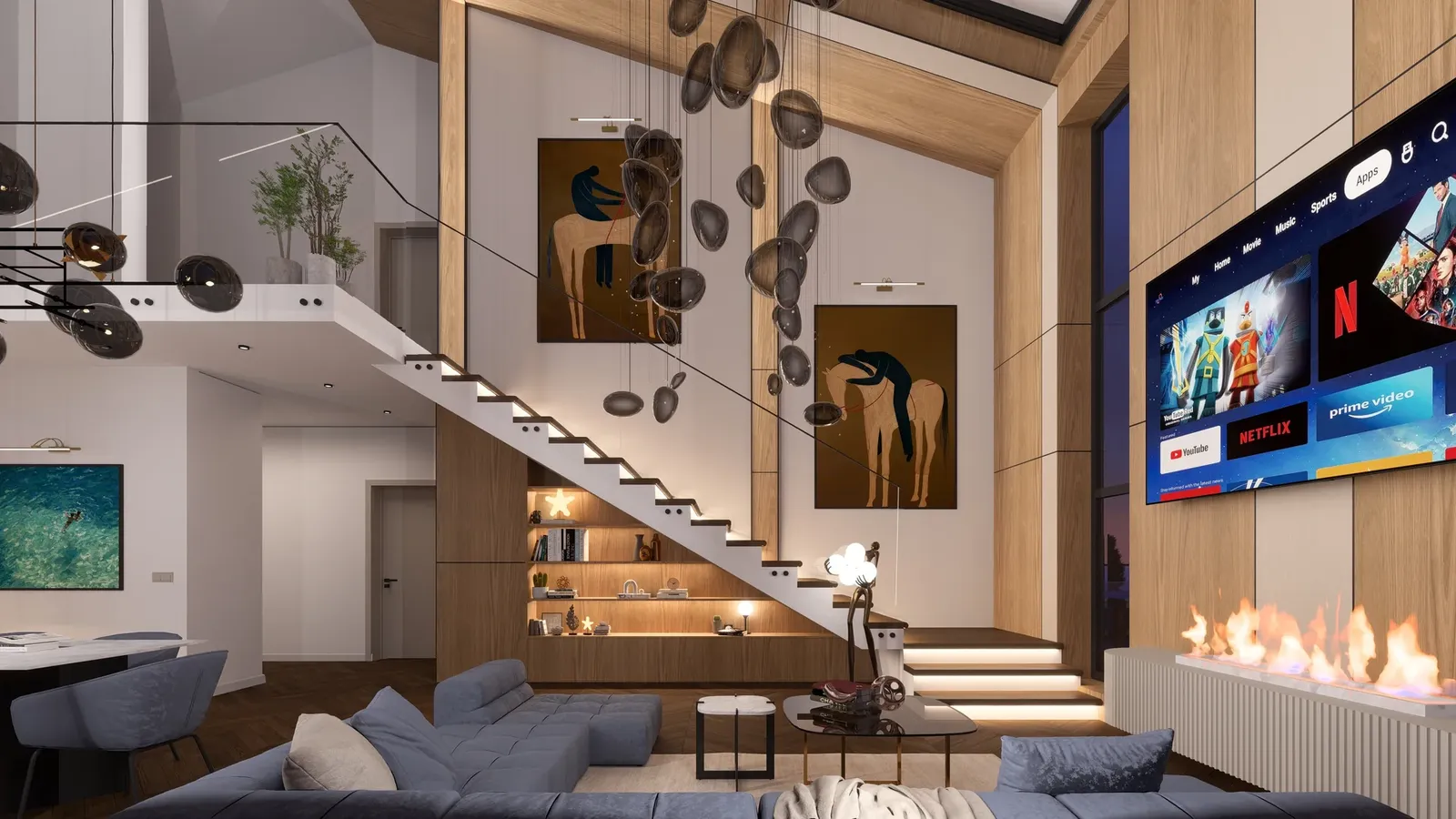 Maisonette in Azimut, Burgas – double-height living room with a floating staircase and fireplace