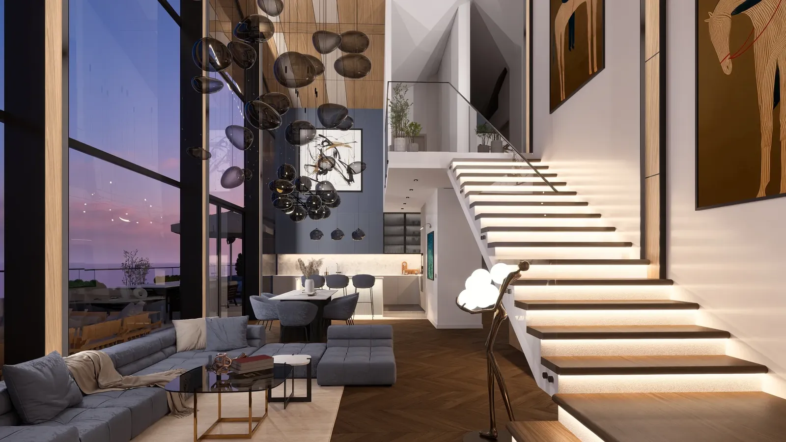 Lit floating staircase to the upper level and the living area