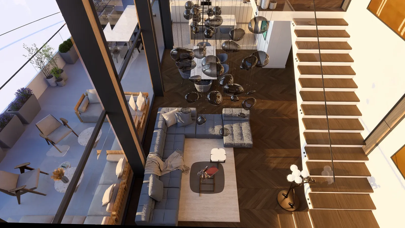 View from the gallery down into the double-height living room
