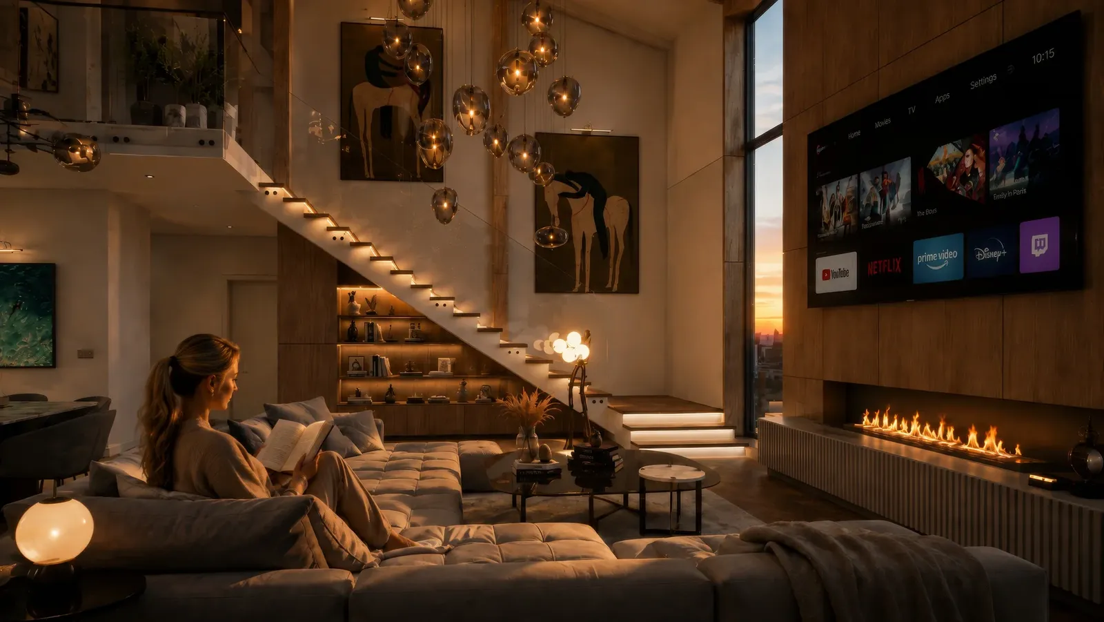 Evening mood in the living room with a built-in fireplace
