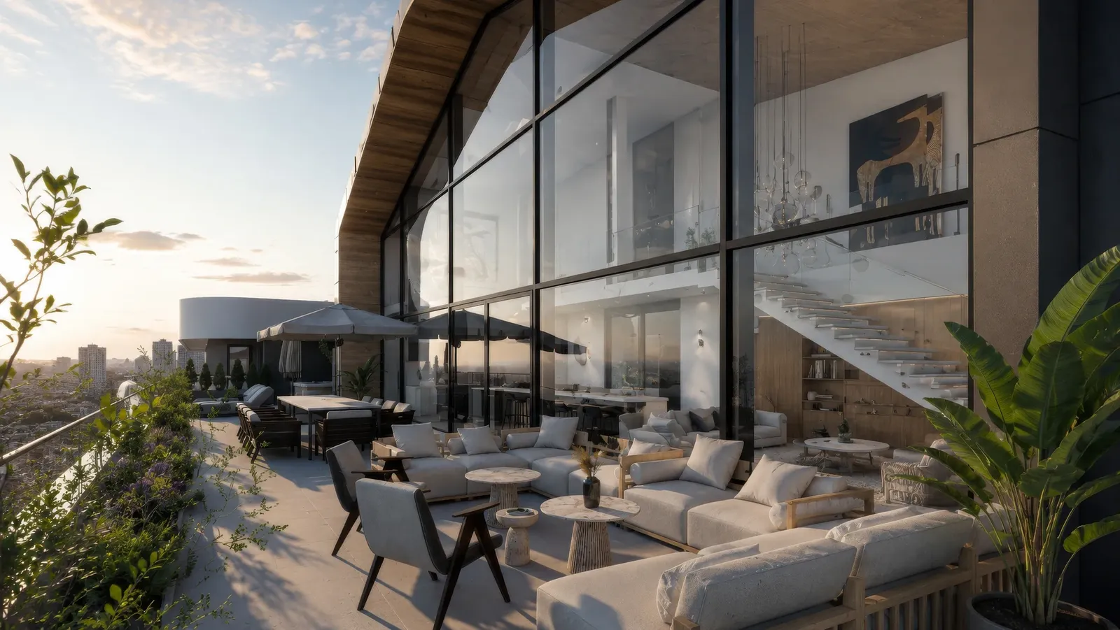 Panoramic terrace in front of the two-storey glazed facade