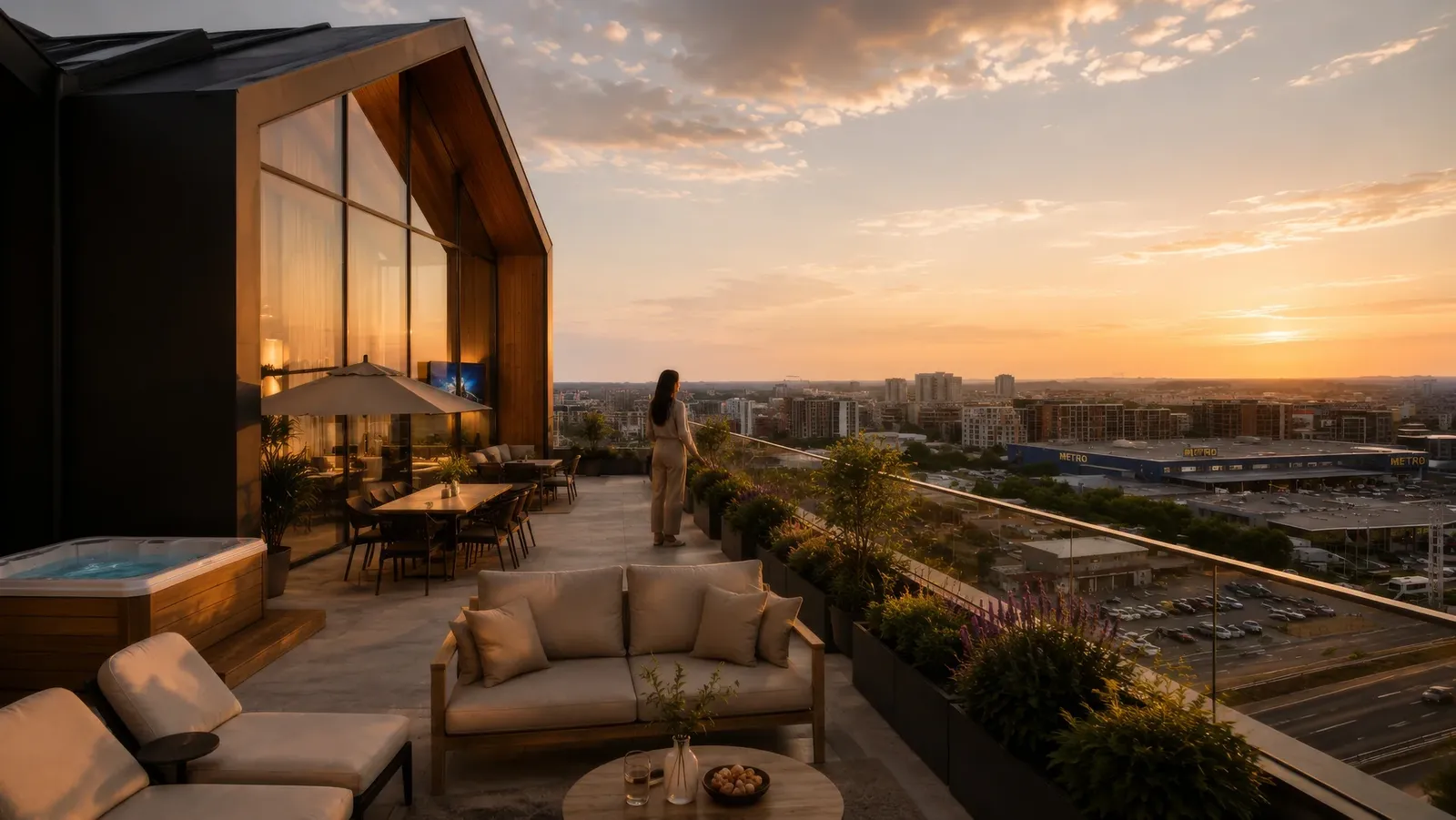 Terrace with a hot tub and views over Burgas at sunset
