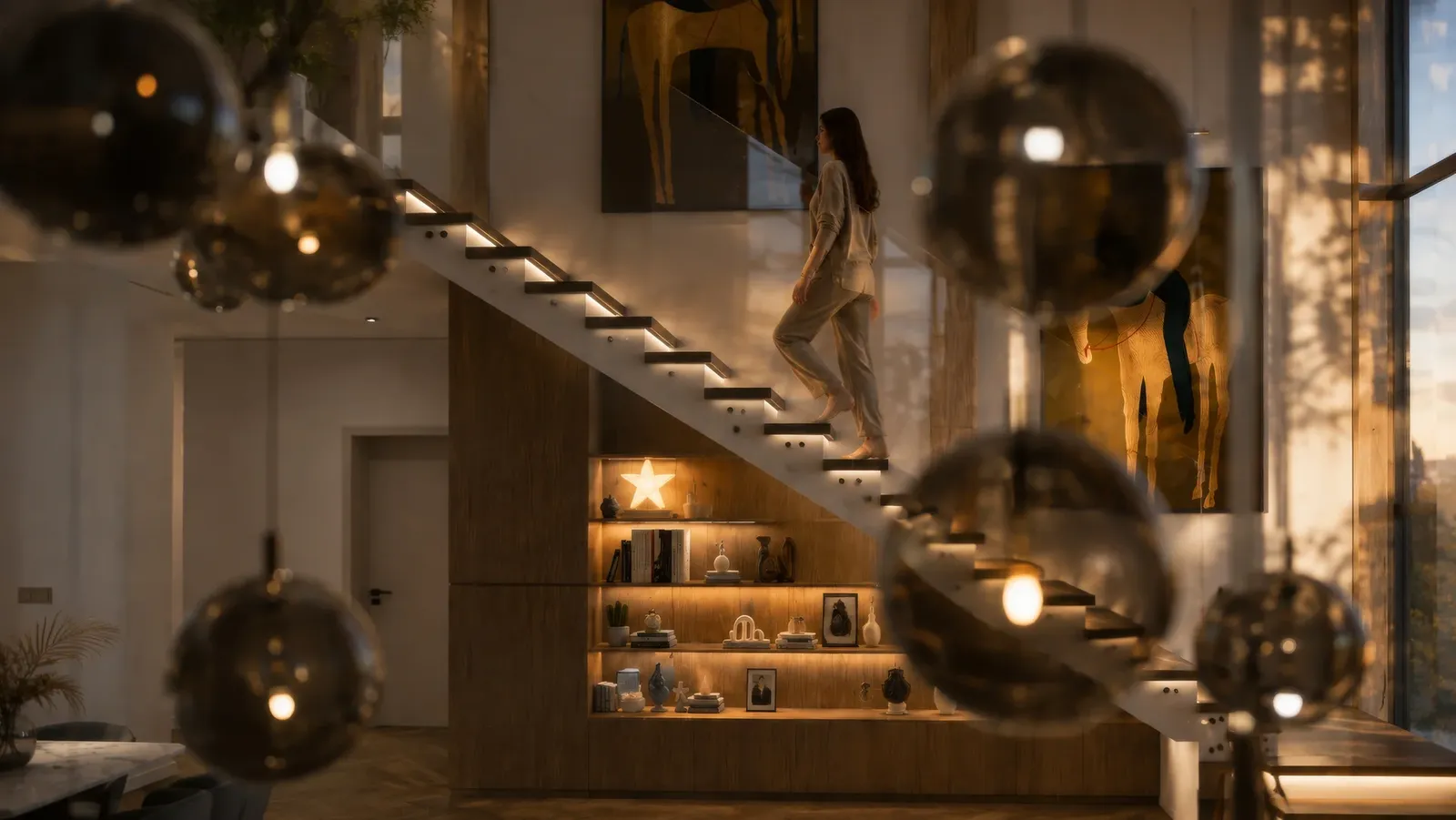 The floating staircase and glass pendant lights