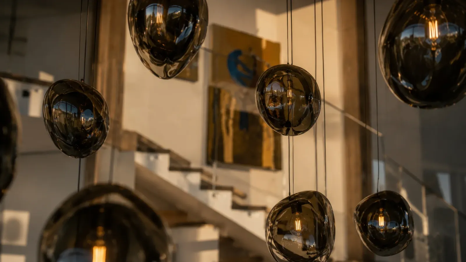 Detail of the glass pendants in the double-height space
