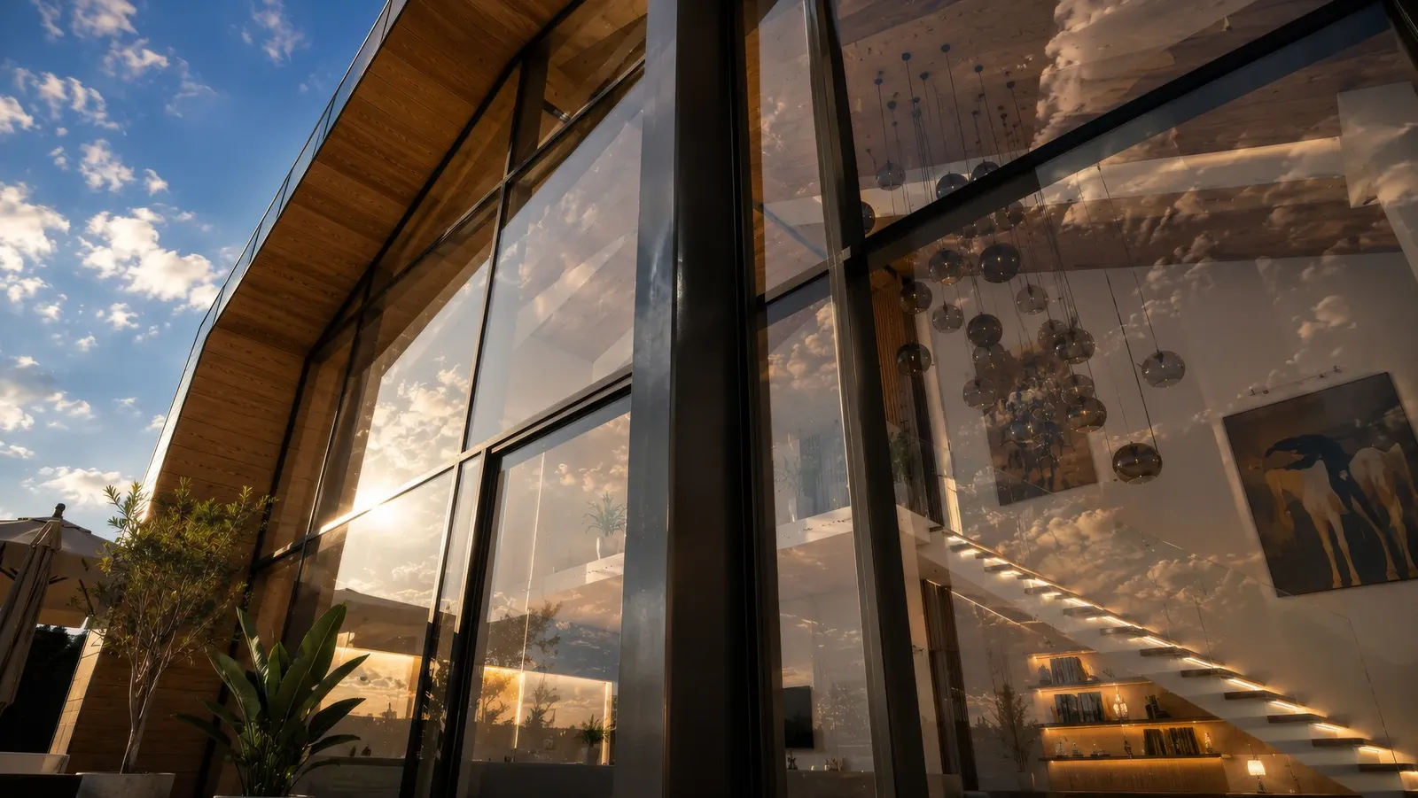 The maisonette's glazed facade with timber cladding