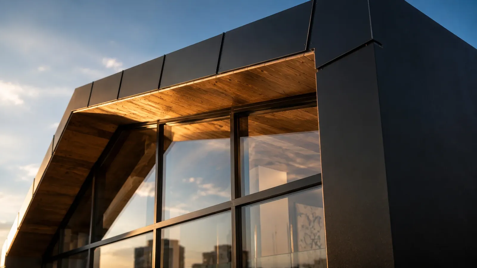 Dark facade frame with timber lining above the terrace