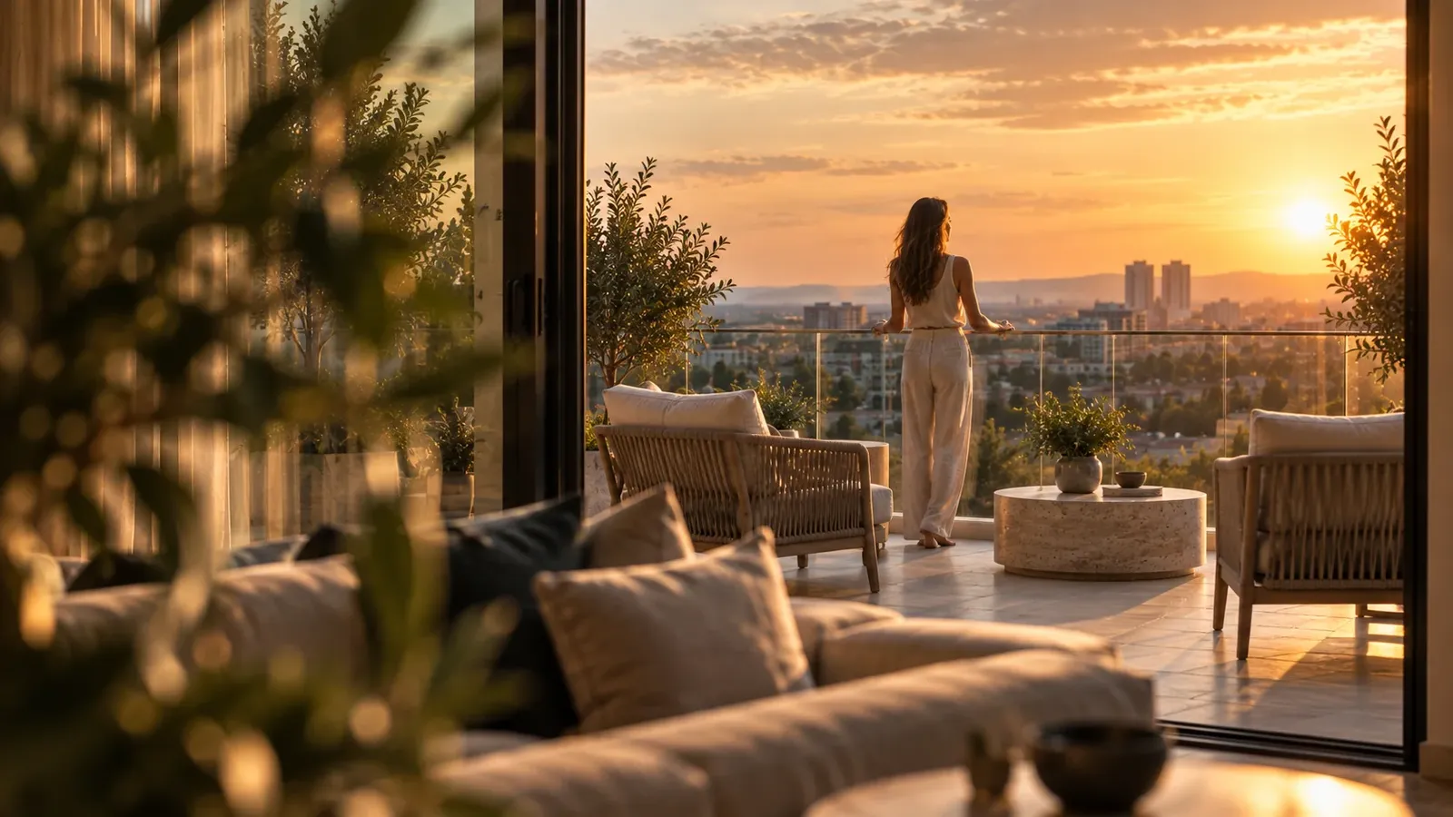 The terrace at sunset with views over Burgas