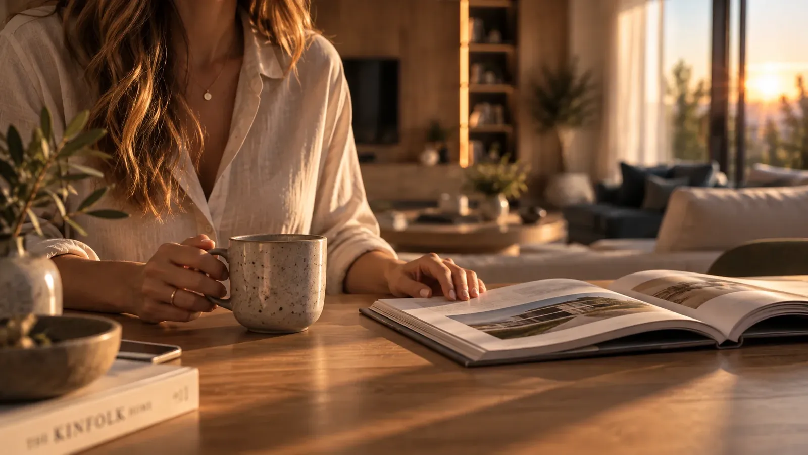 Morning coffee at the solid-wood dining table