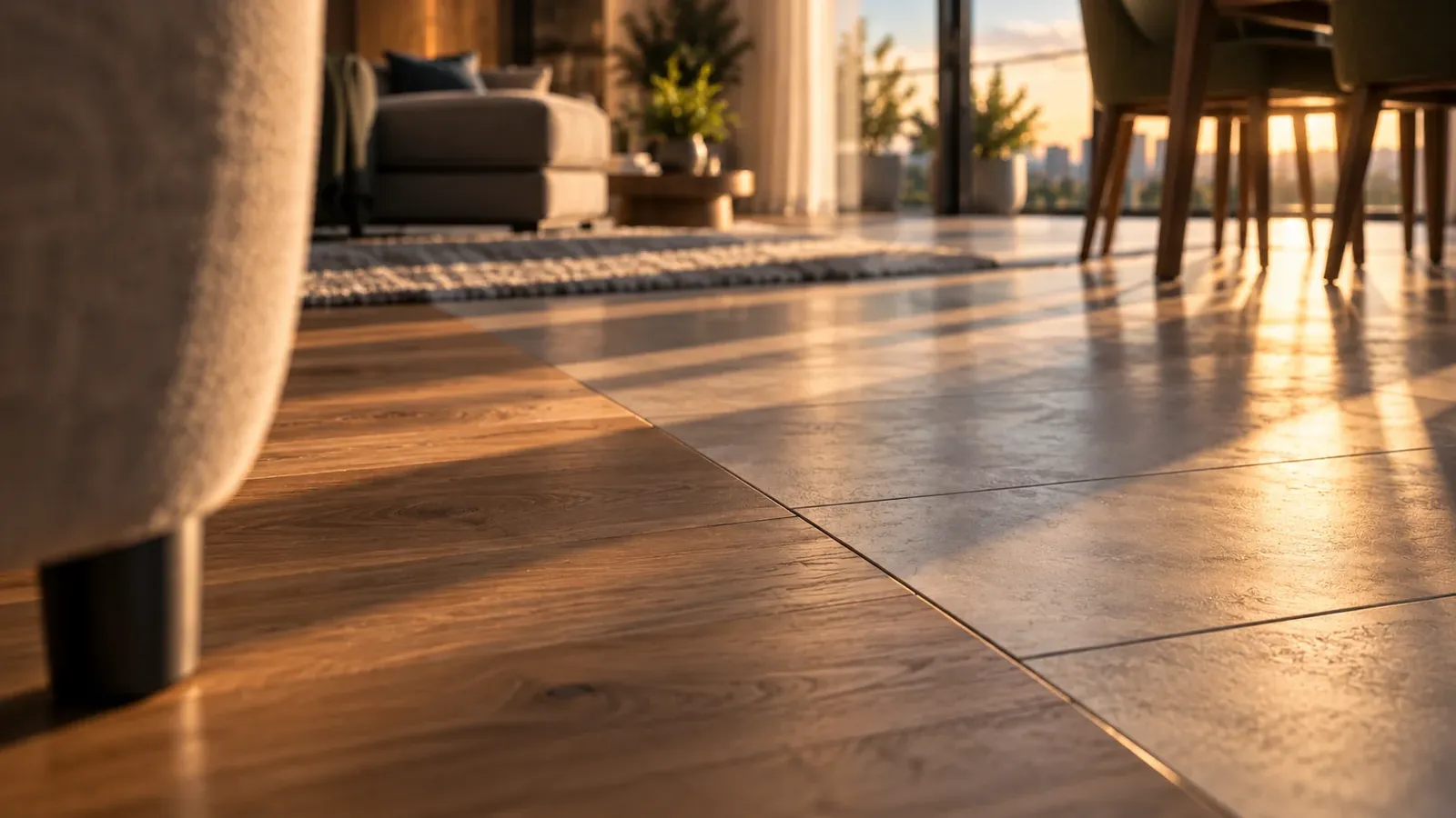 Natural light across the timber floor of the living room