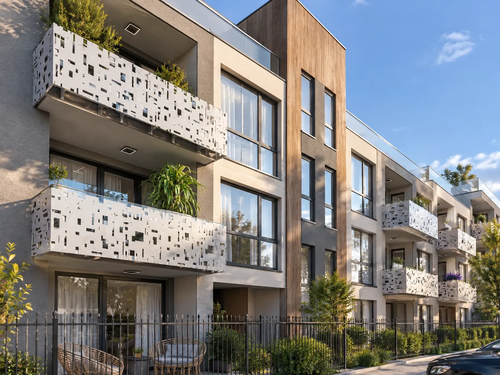Balconies with perforated railings and timber cladding