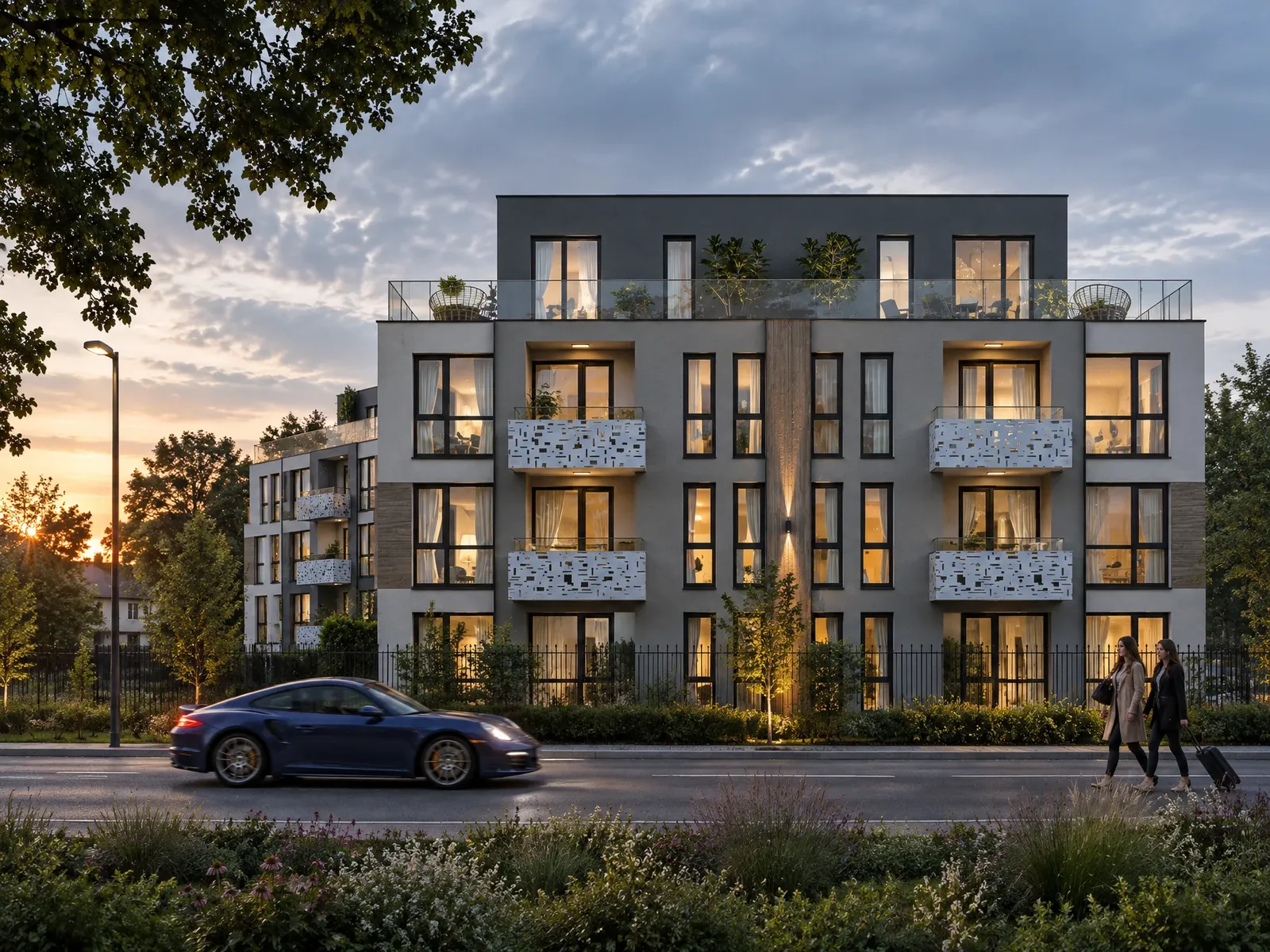 The street facade at sunset