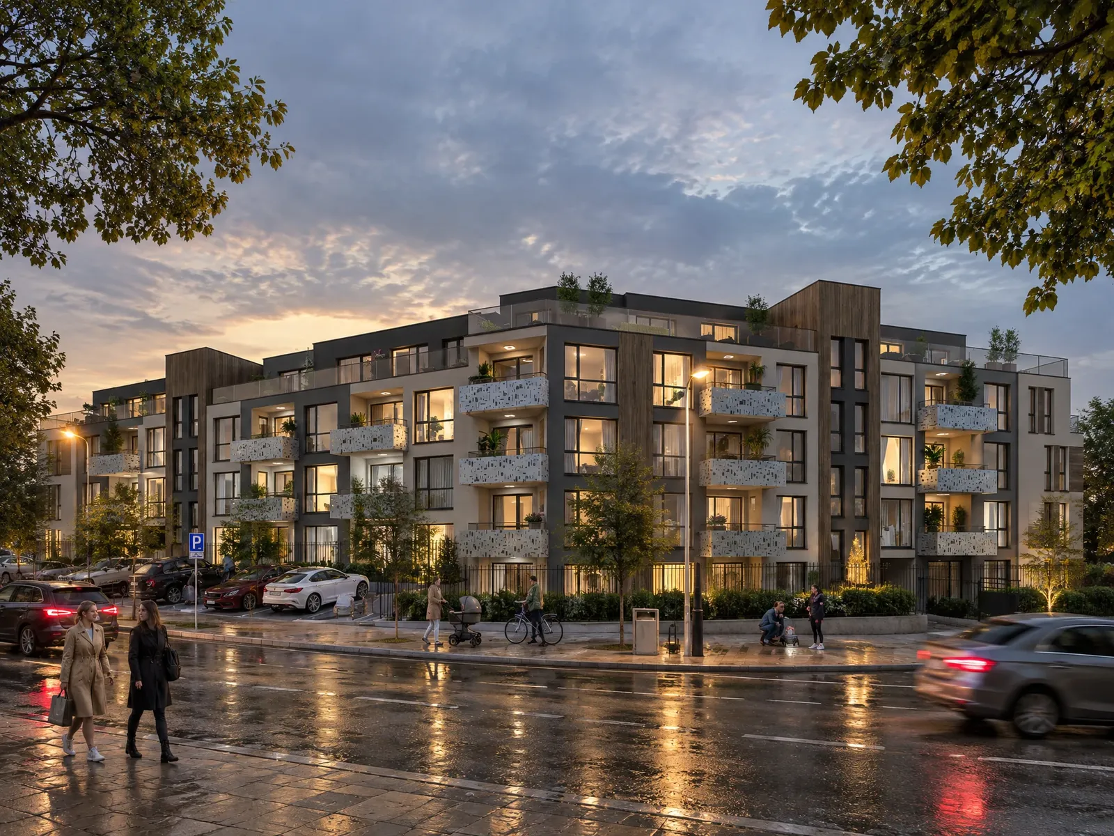 The apartment building in the evening with lit windows