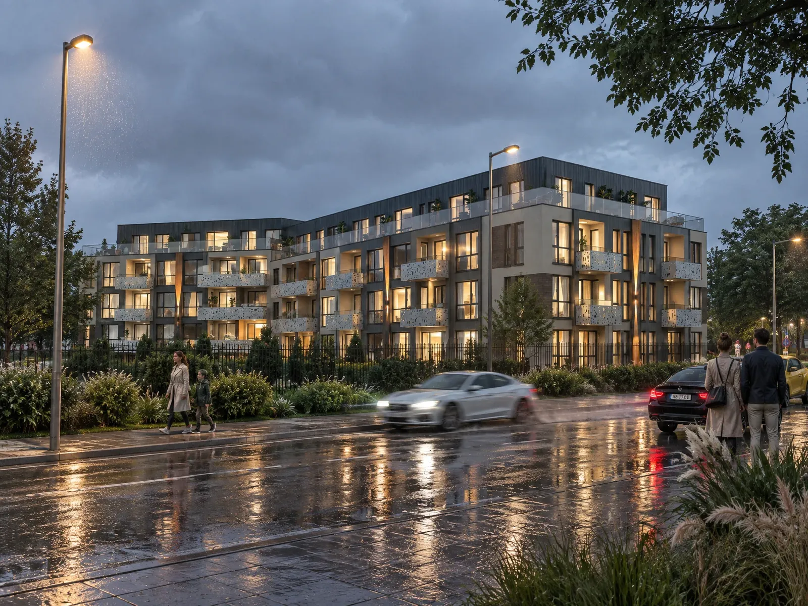 The apartment building on a rainy evening