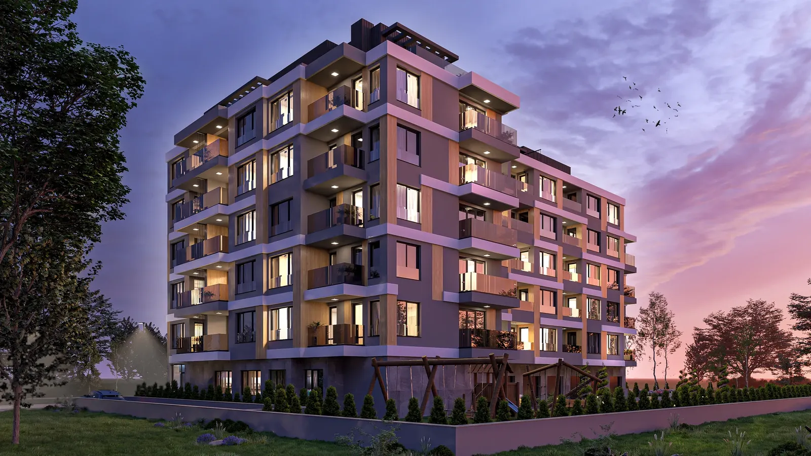Courtyard facade at sunset