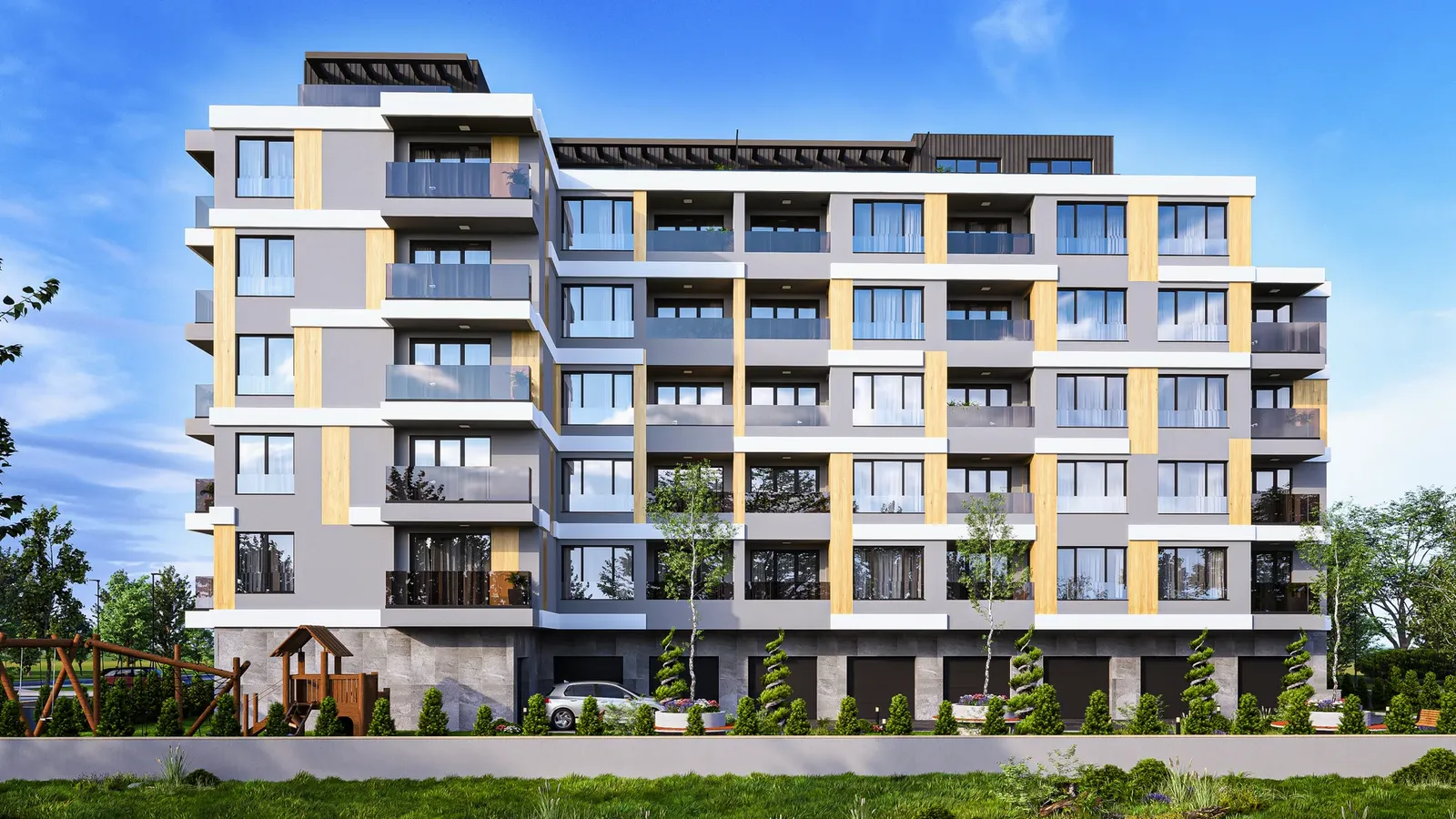 Long facade with terraces and glass balustrades