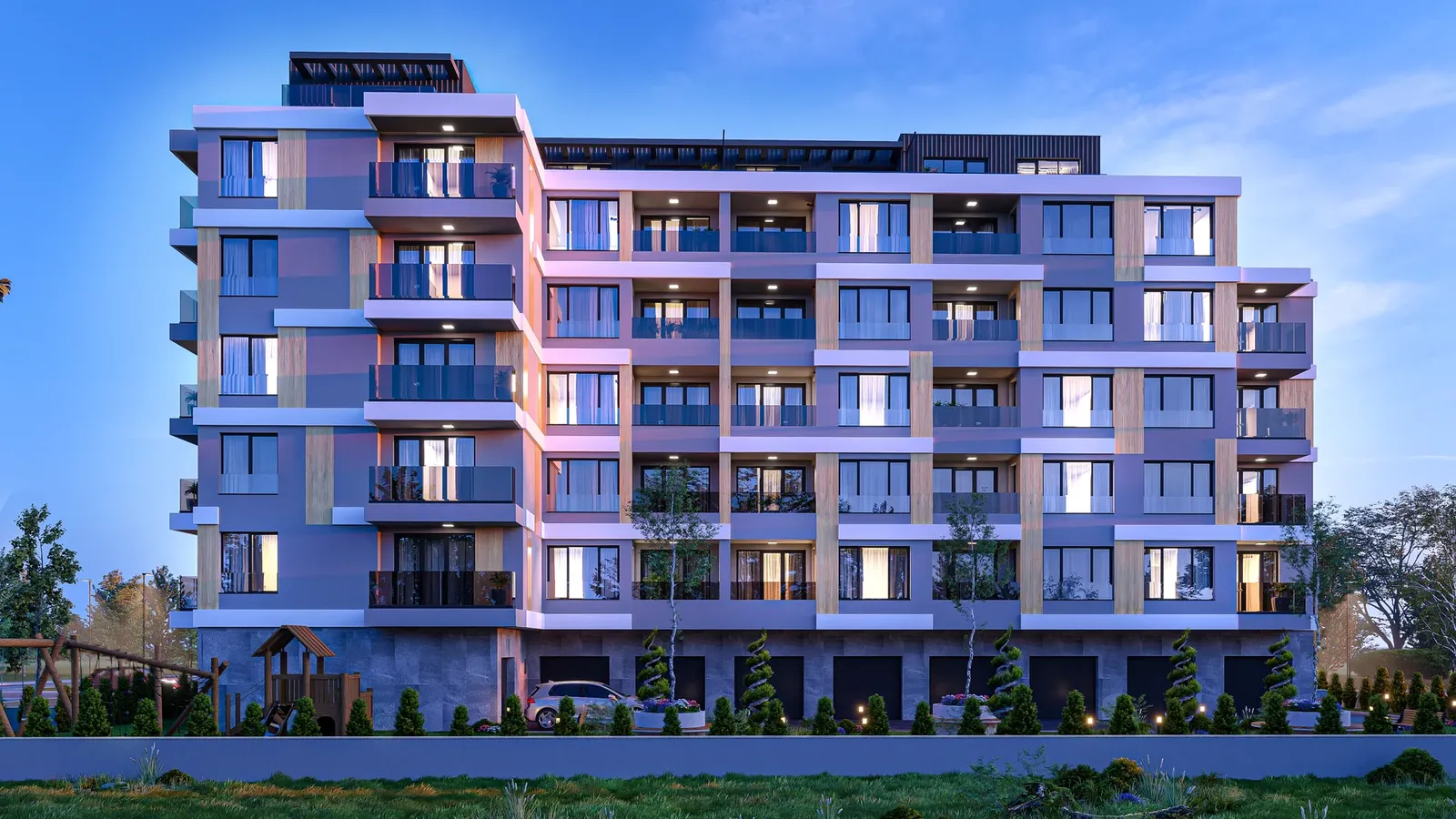 Long facade at dusk
