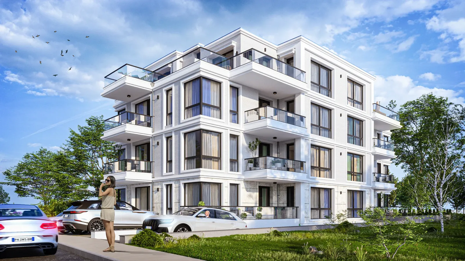 Corner facade with terraces and glass balustrades