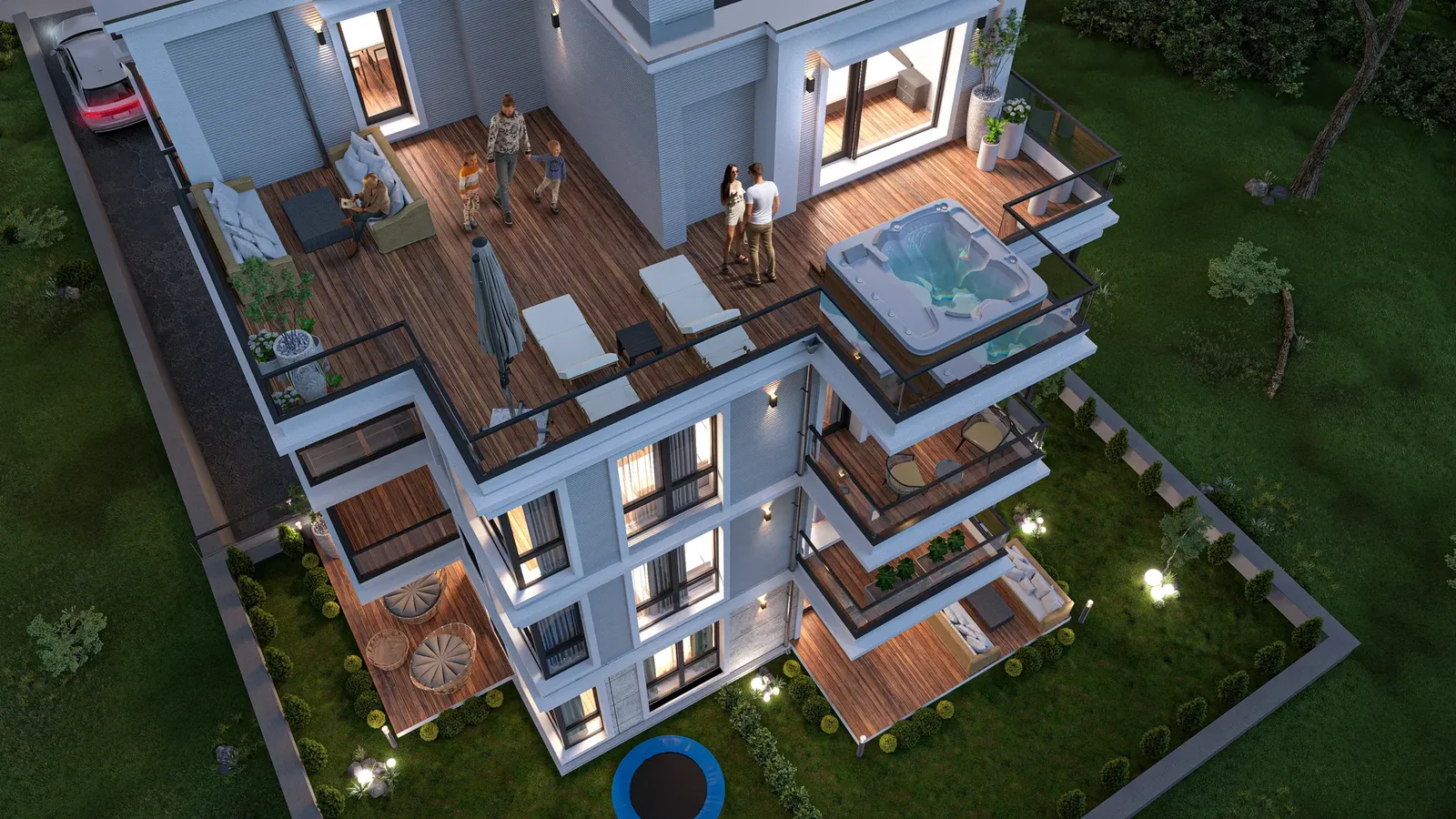 Overhead view of the terraces and garden