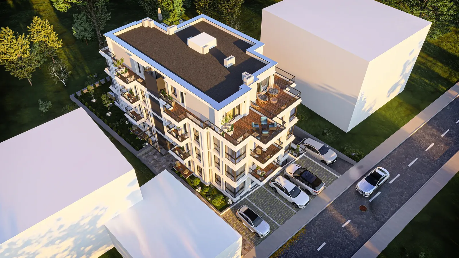 The building, parking and street layout from above