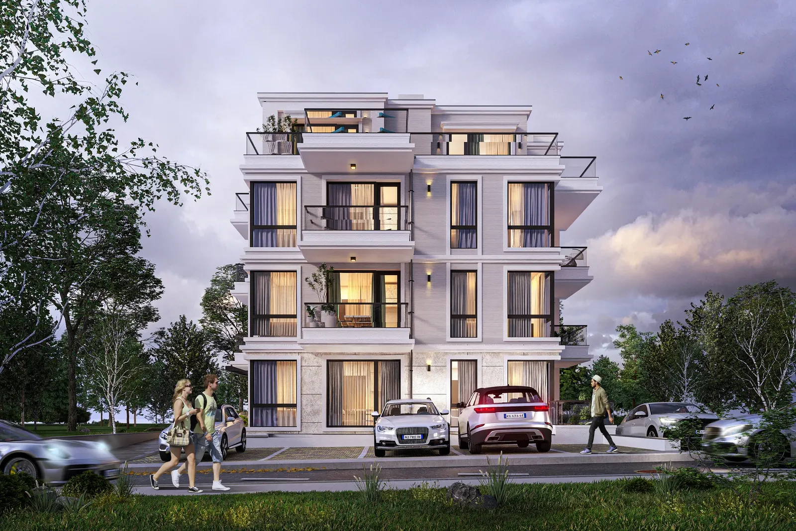 Main facade at sunset