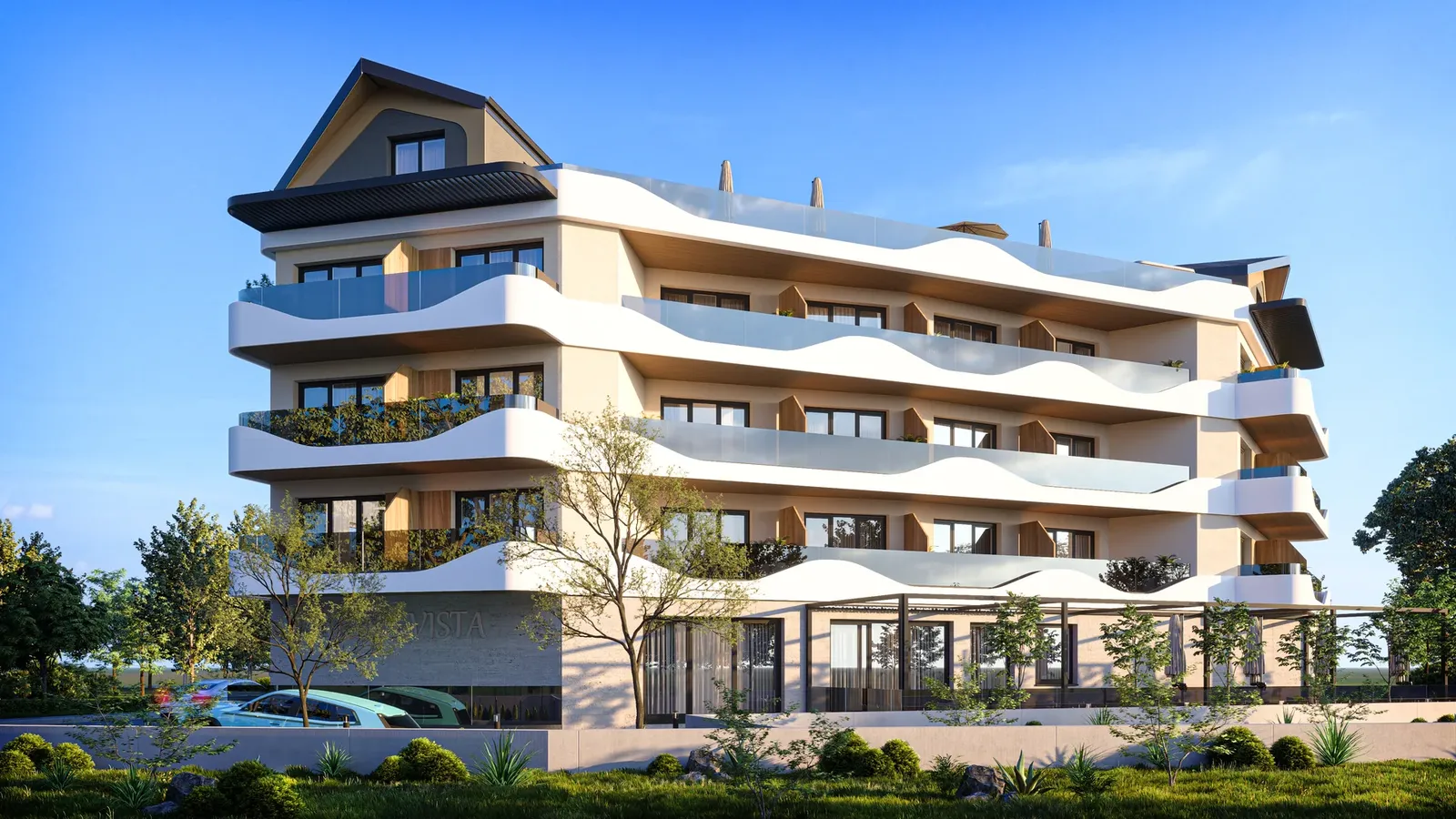 The building's wave-shaped balconies